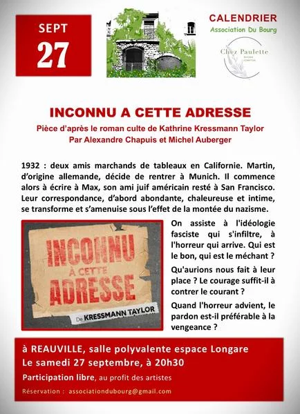 INCONNU A CETTE ADRESSE, pièce d’après le roman culte de Kathrine Kressmann Taylor